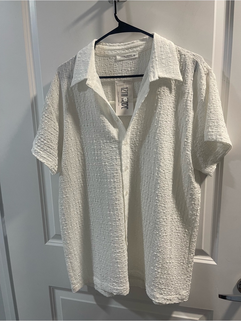 12th Tribe White Textured Short Sleeve Button-Down Shirt